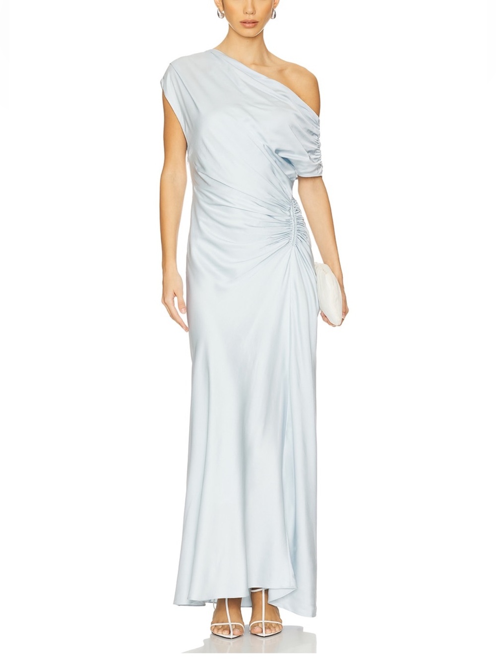 A.L.C. Penny Dress Cascade Blue One Shoulder Ruched Satin Maxi Gown 10